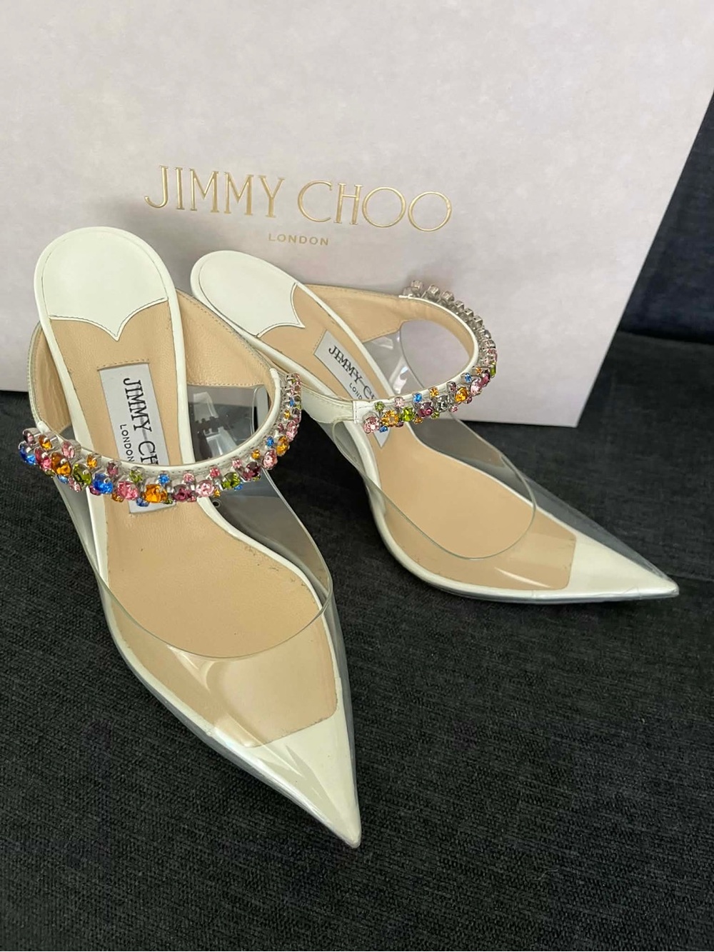 Jimmy Choo White and Clear Pointed Slingback Pumps with Multicolor Crystal Strap